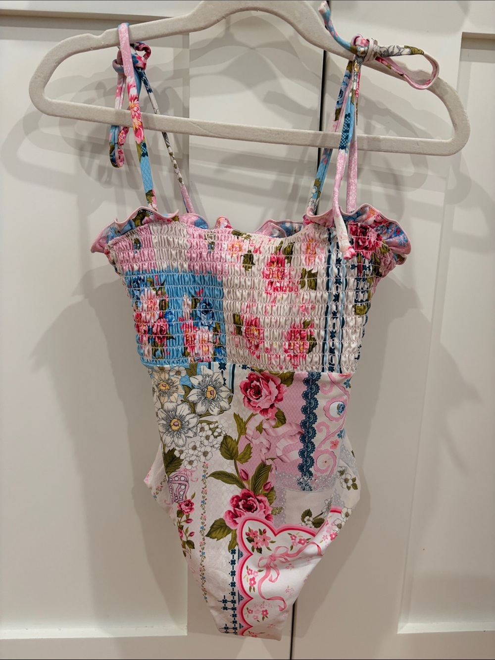 Agua Bendita Floral Smocked One-Piece Swimsuit - Pink & Blue